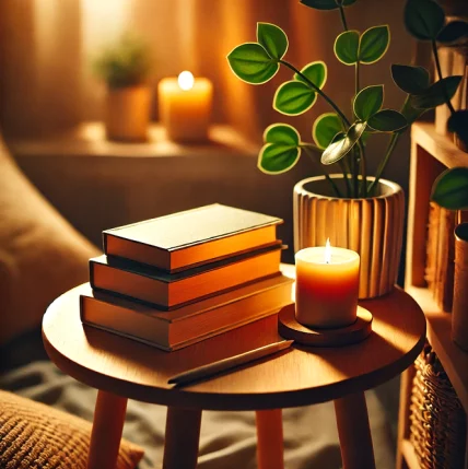 Desk with stacked books, a candle and plant