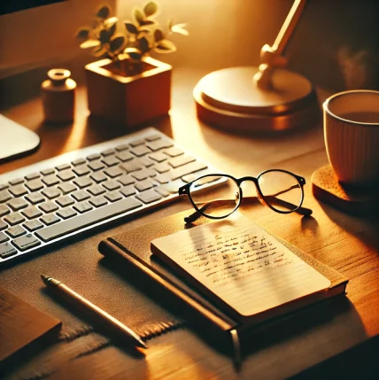 Desk with counsellor items such as a notebook, pens, glasses, keyboard, cup and planets